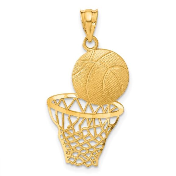 14k Yellow Gold Satin & Diamond Cut Basketball and Net Pendant